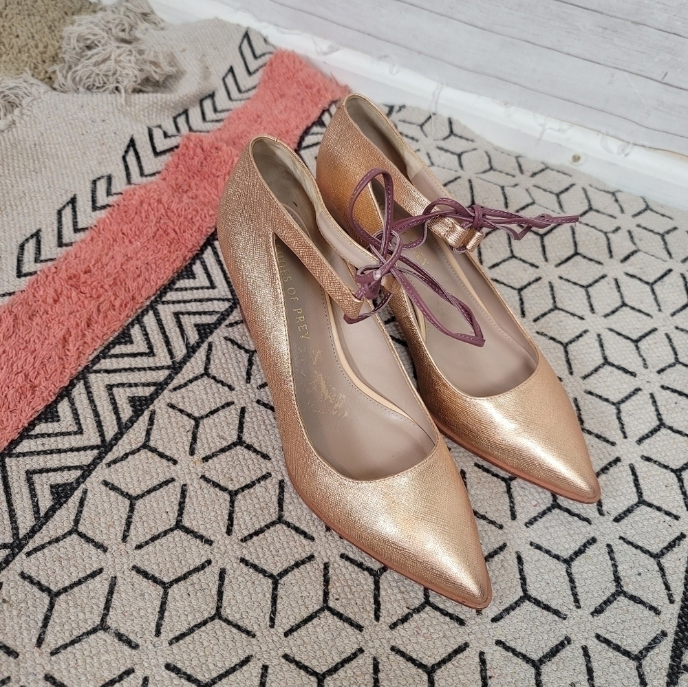 Anthropologie Metallic Rose Gold Pointed Toe Heels with Mauve Ties